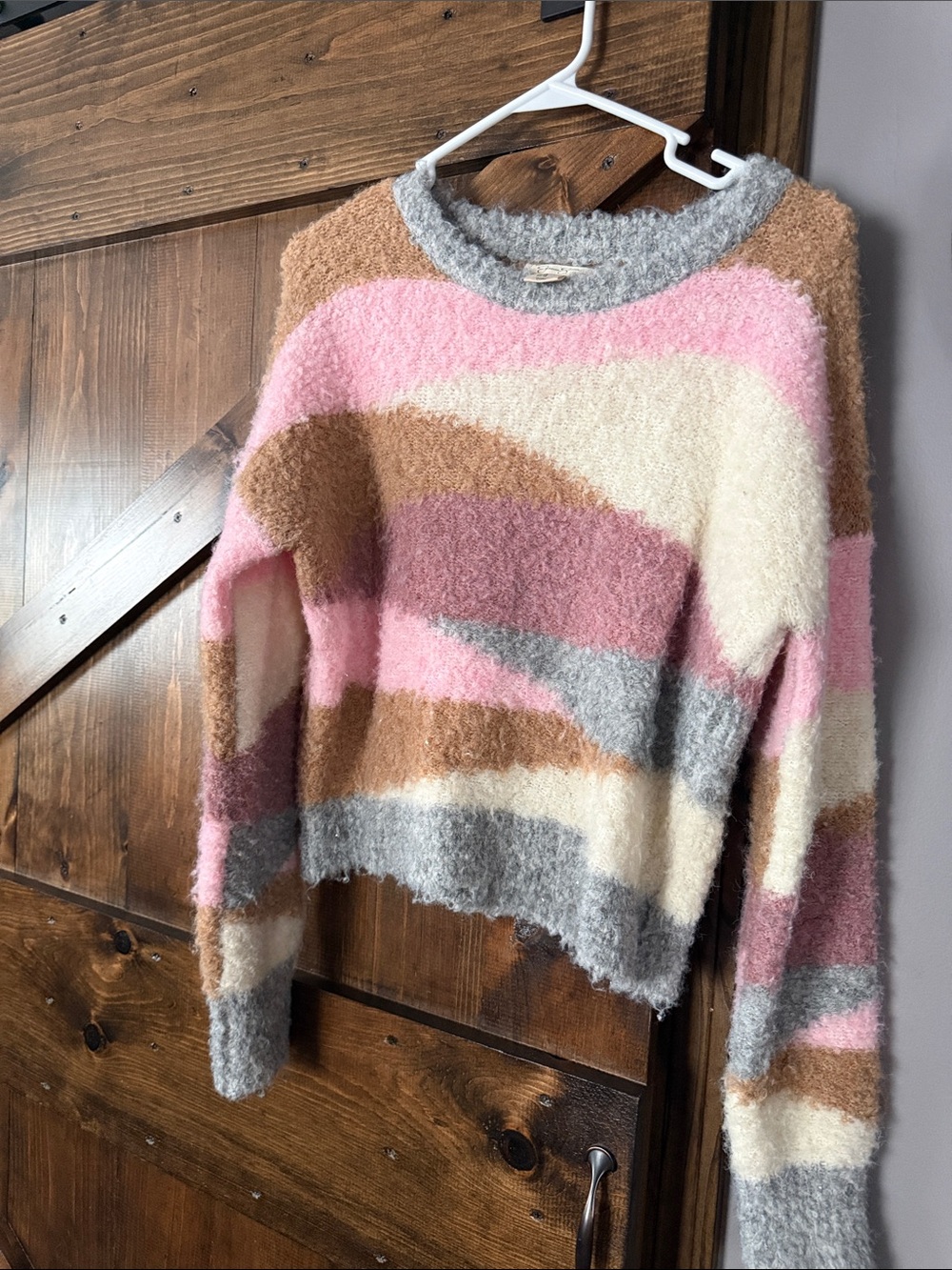 Jessica Simpson Fuzzy Multicolor Striped Crew Sweater - Pink, Cream, Gray, Brown